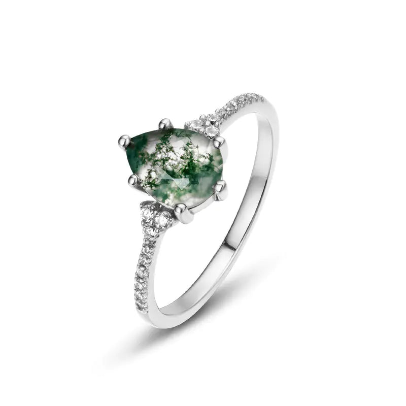 S925 Silver Ring with Green Moss Agate Design