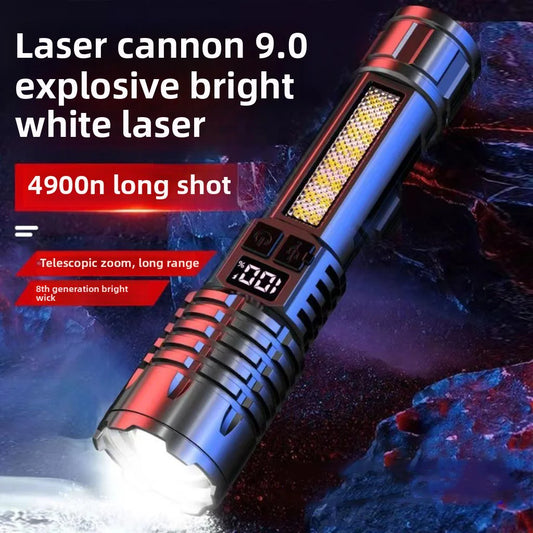 High Power LED Flashlight Zoom Powerful Torch, TYPE-C Rechargeable, Waterproof, COB Side Light, Outdoor Camping Hiking, Portable