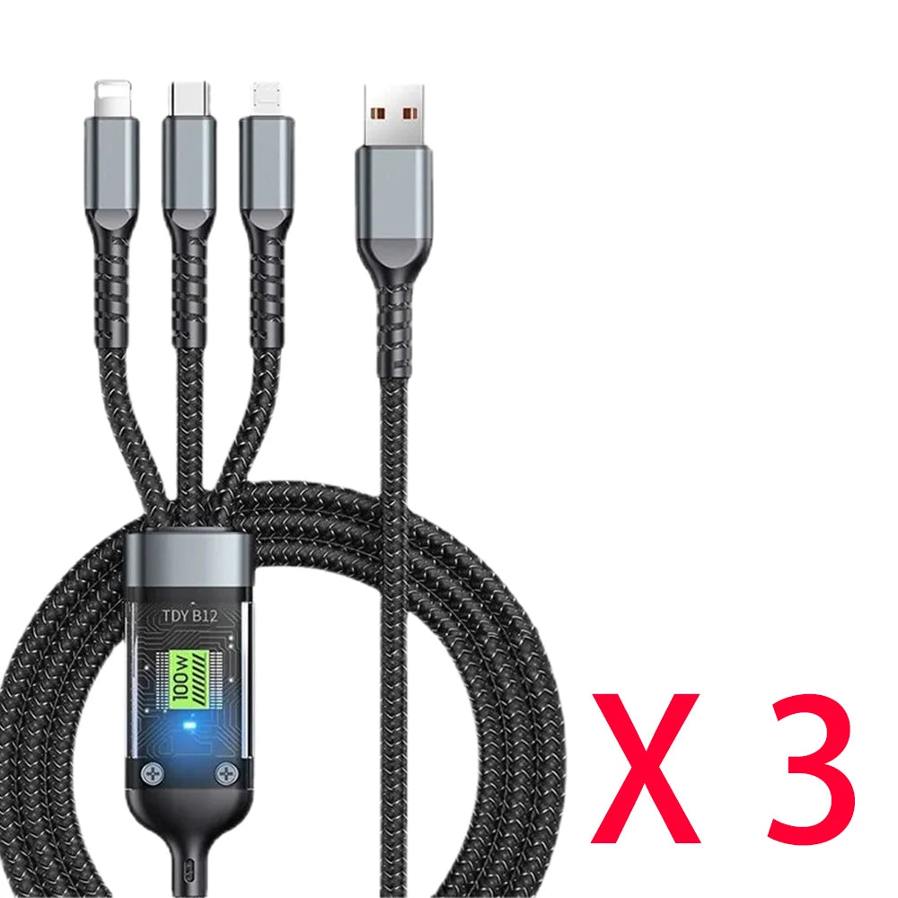 3-in-1 USB 100W 6A Fast Charger Cable Car USB To Type-C Micro LIGHTNING Cable For iPhone 16 15 14 13 Samsung Xiaomi Huawei