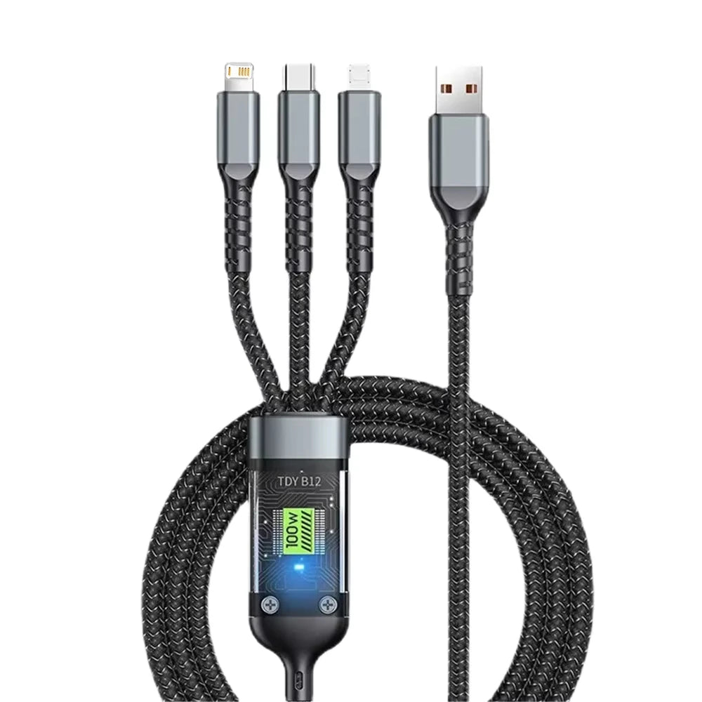 3-in-1 USB 100W 6A Fast Charger Cable Car USB To Type-C Micro LIGHTNING Cable For iPhone 16 15 14 13 Samsung Xiaomi Huawei