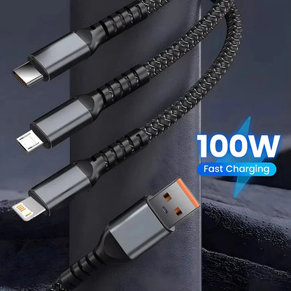 3-in-1 USB 100W 6A Fast Charger Cable Car USB To Type-C Micro LIGHTNING Cable For iPhone 16 15 14 13 Samsung Xiaomi Huawei