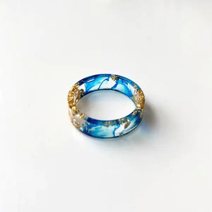 Colorful Handmade Resin Ring with Dried Flowers and Gold Foil