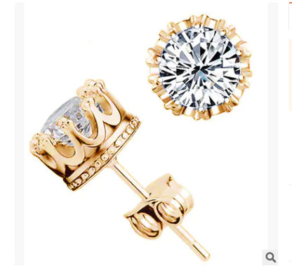 Crown Stud Earrings Diamond Studded Wholesale Alloy Jewelry Zircon Earrings Women Allergy Silver Stud Earrings